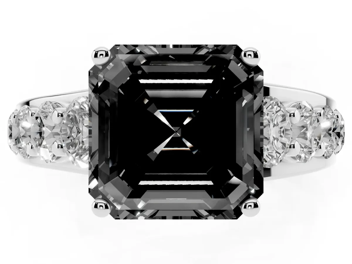 Fancy Black Asscher Cut Diamond Engagement Ring with Pavé Band and Four-Prong Setting Platinum