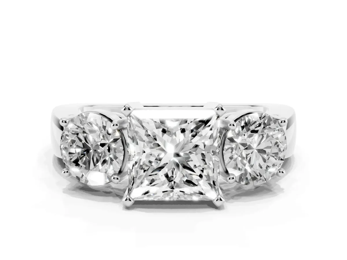 Three-Stone Princess Cut Diamond Ring with Round Side Stones, Classic Band, and Four-Prong Setting White gold