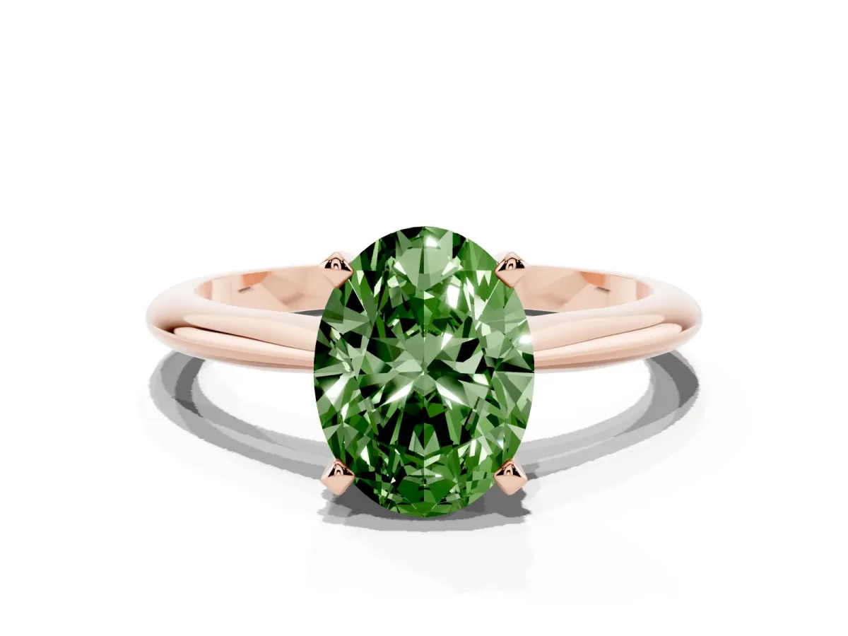Fancy Green Oval Cut Cut Solitaire Ring with Four-Prong Setting on a Classic Band Rose gold