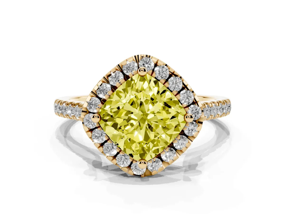 Fancy Yellow Cushion Cut Diamond Cushion Halo Ring with Pavé Band Yellow gold