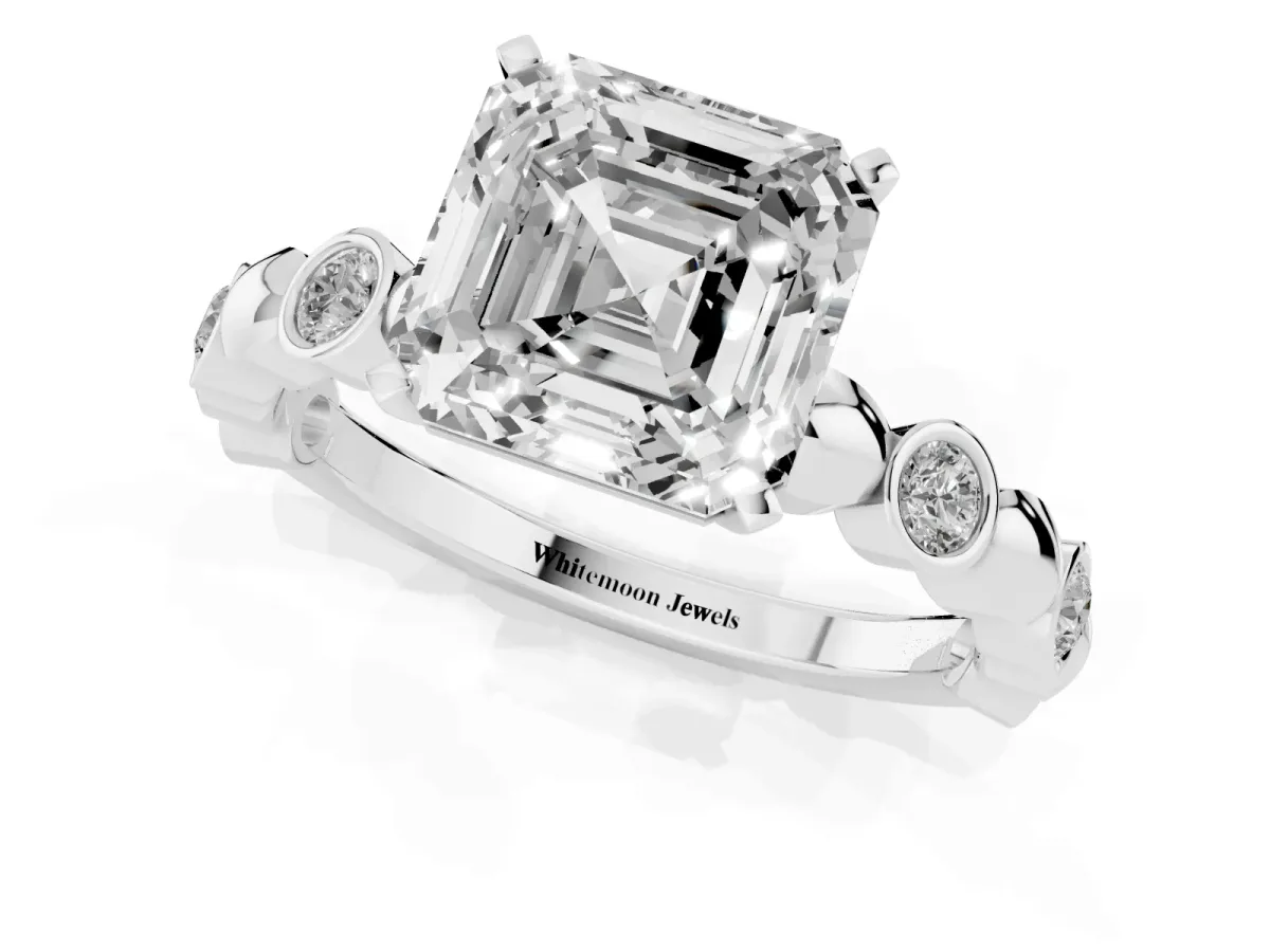 Asscher Cut Solitaire Bezel-Set Diamond Ring with Beaded Band and Four-Prong Setting Platinum