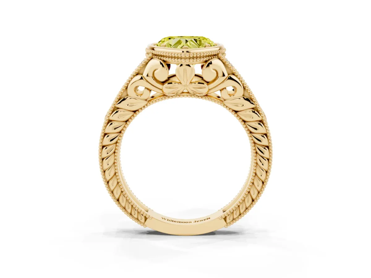 Fancy Yellow Bezel Set Heart Cut Diamond Milgrain Pave Engagement Ring Yellow gold