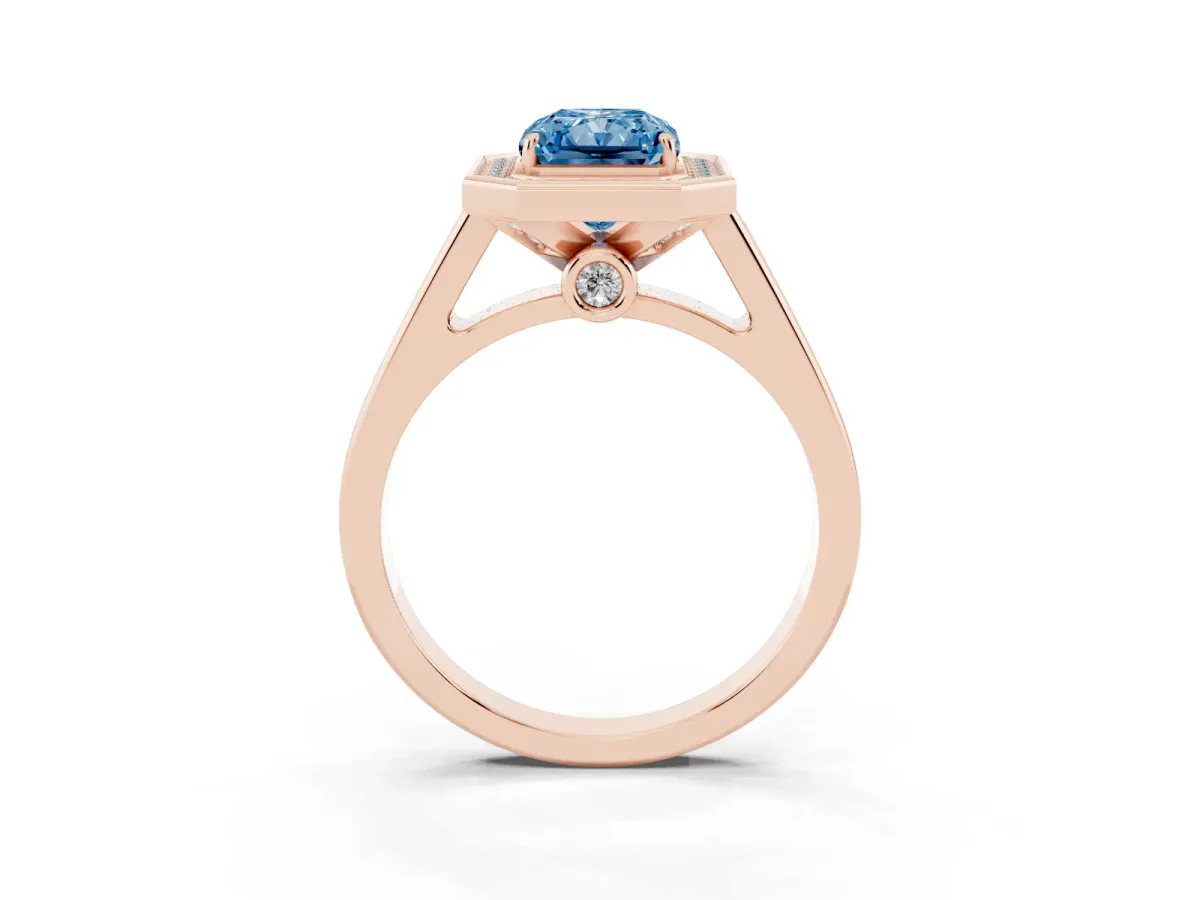 Fancy Blue Radiant Cut Halo Solitaire Diamond Ring with Pave Band and Bezel Setting Rose gold