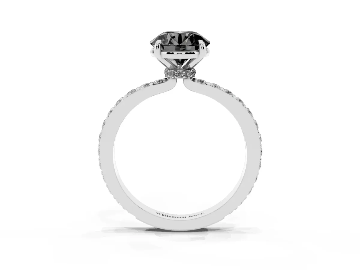 Fancy Black Round Cut Diamond Pavé Engagement Ring with Round Accents and Prong Setting Silver