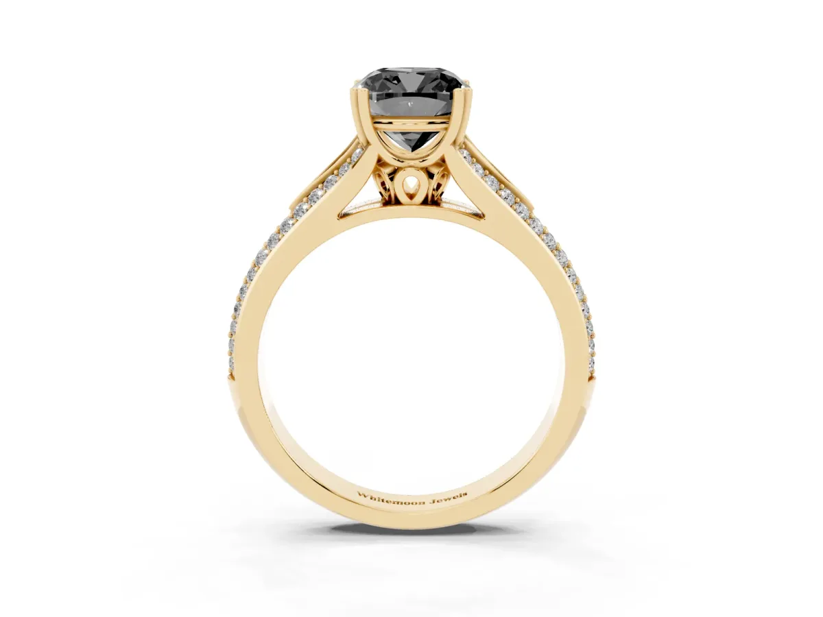 Fancy Black Cushion Cut Diamond Split Shank Engagement Ring with Pavé Band Yellow gold
