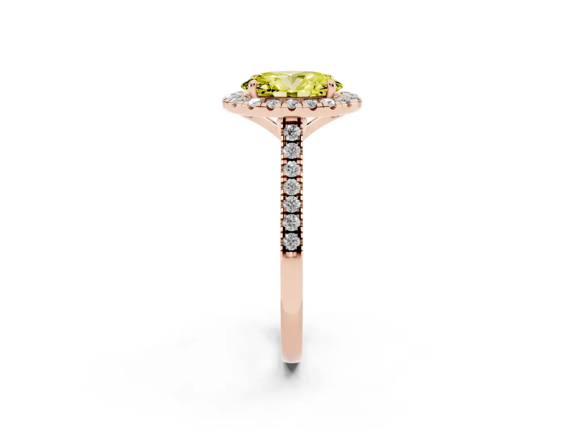 Fancy Yellow Oval Cut Diamond Cushion Halo Ring with Pavé Band Rose gold