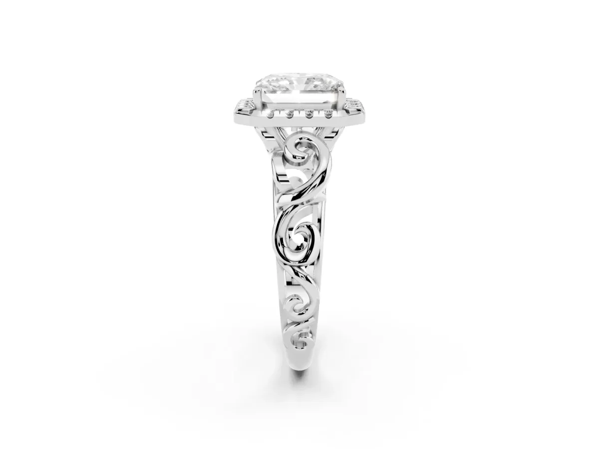 Radiant Cut Cut Halo Diamond Ring with Scrollwork Band and Four-Prong Setting Platinum