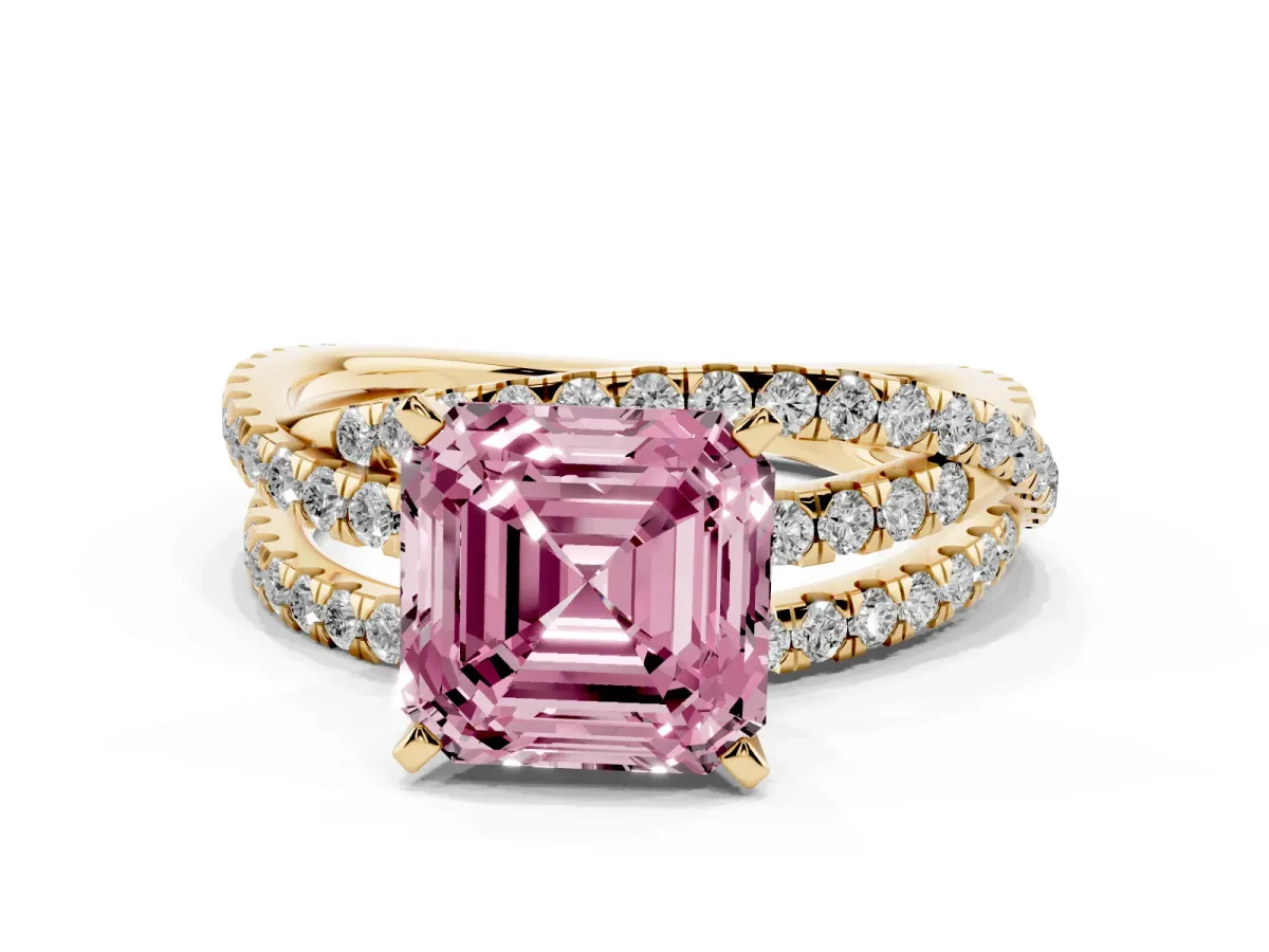Fancy Pink Asscher Cut Solitaire Twist Band with Pavé Setting and Four-Prong Setting Yellow gold