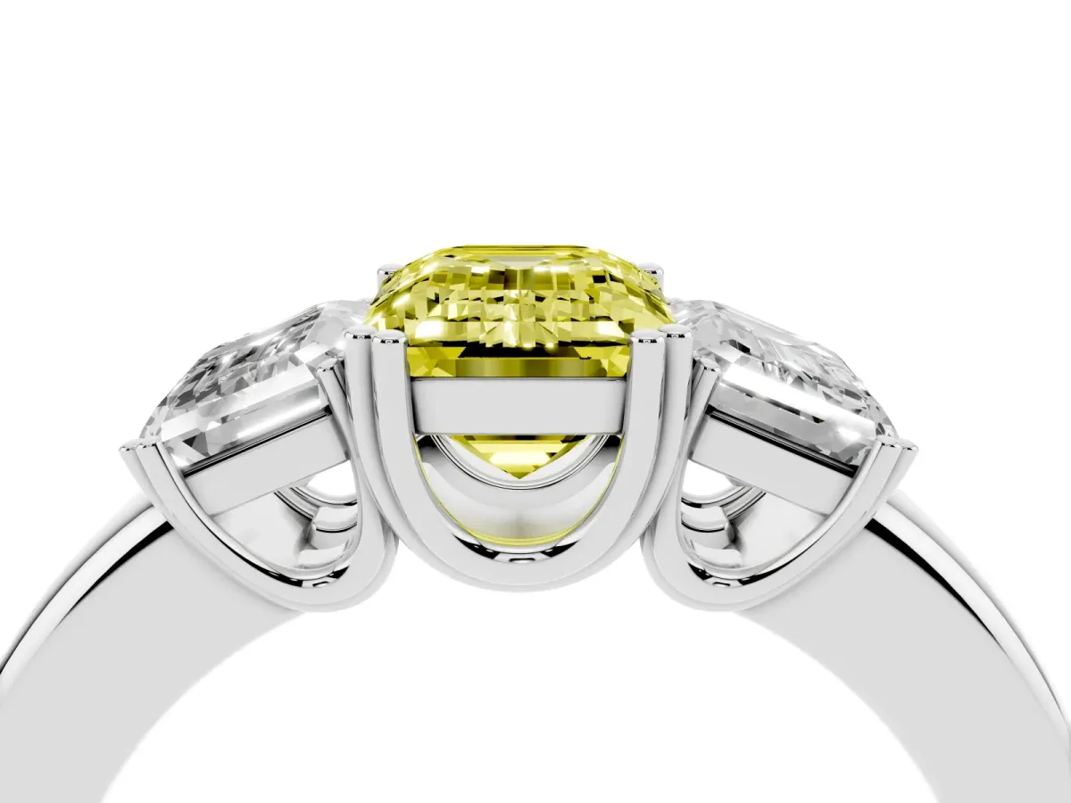 Fancy Yellow Three-Stone Emerald Cut Cut Diamond Ring with Channel Set Band and Four-Prong Setting White gold