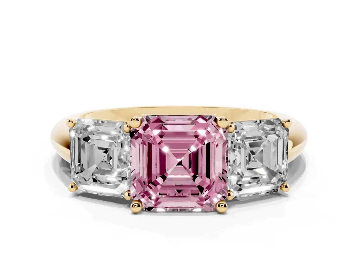 Fancy Pink Three-Stone Asscher Cut Cut Diamond Engagement Ring with Prong Setting on a White Gold Band Yellow gold