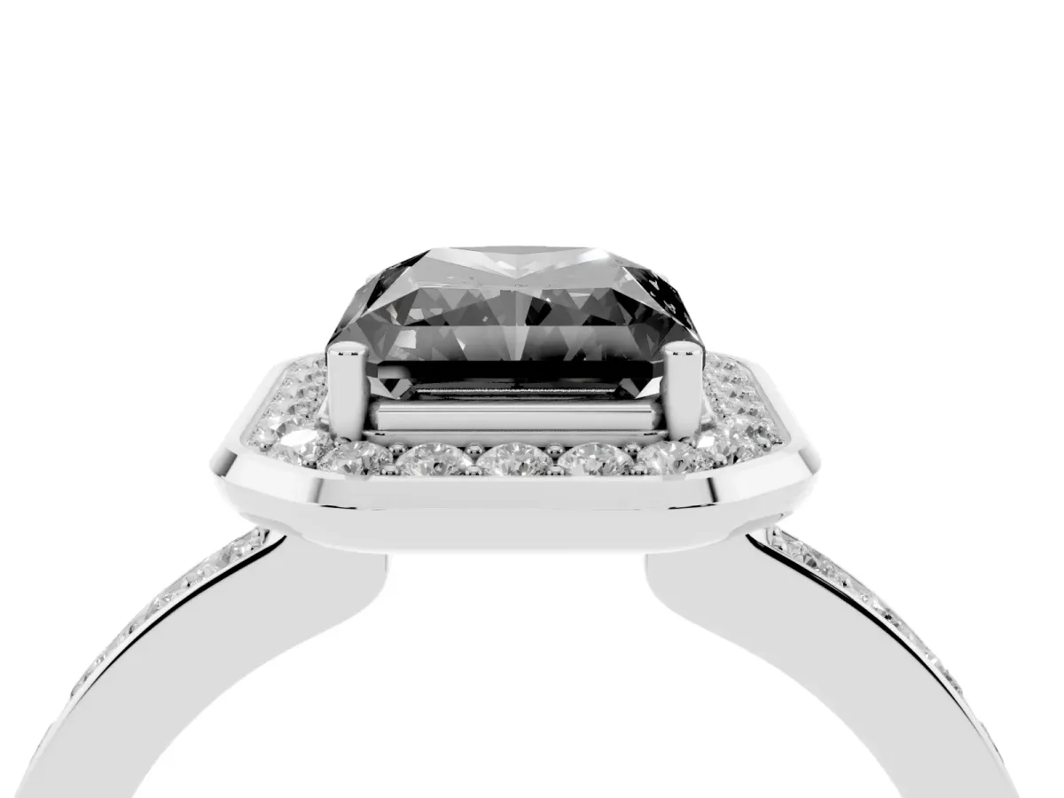 Fancy Black Radiant Cut Diamond Halo Ring with Bezel Frame and Pavé Band Silver