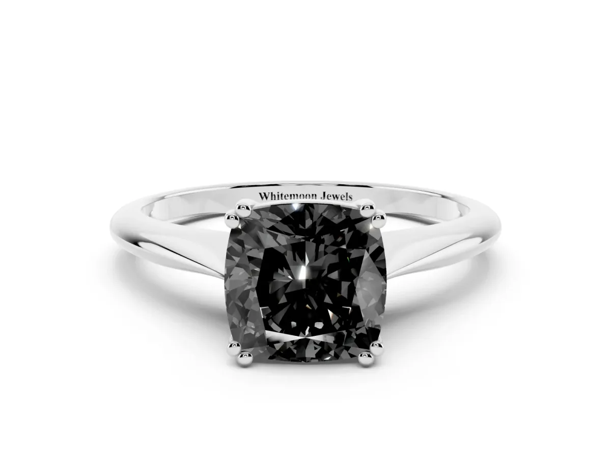 Fancy Black Cushion Cut Solitaire Diamond Ring with Six-Prong Setting and Classic Band Silver