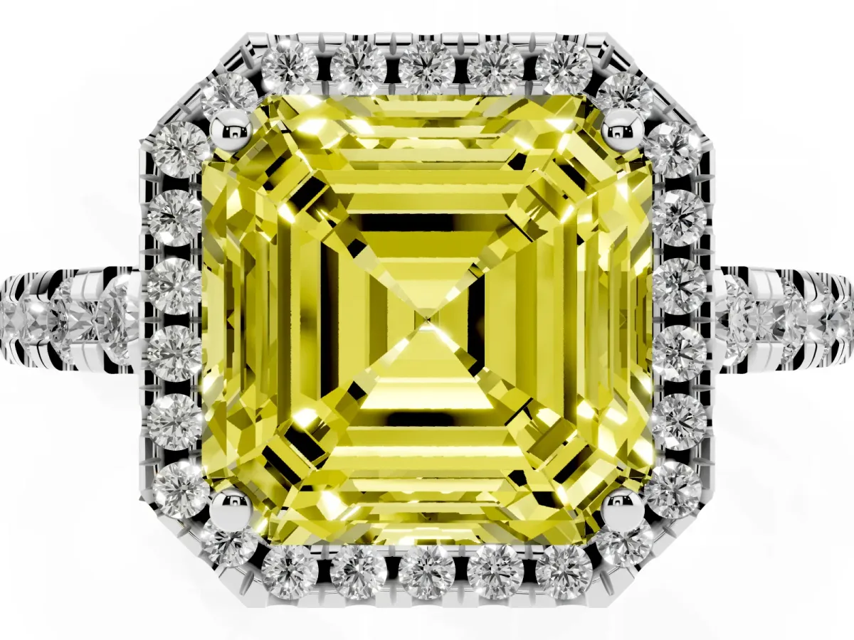 Fancy Yellow Asscher Cut Diamond Halo Ring with Pavé Band and Four-Prong Setting Platinum