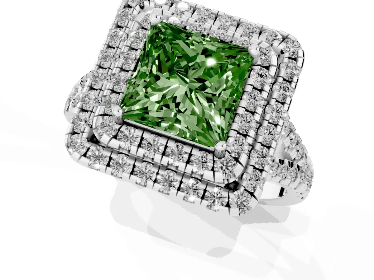 Fancy Green Double Halo Princess Cut Diamond Pavé Split Shank Ring with Prong Setting Silver