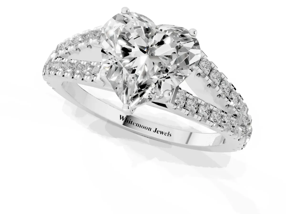 Heart Cut Diamond Split Shank Engagement Ring with Round Pavé and Prong Setting Platinum
