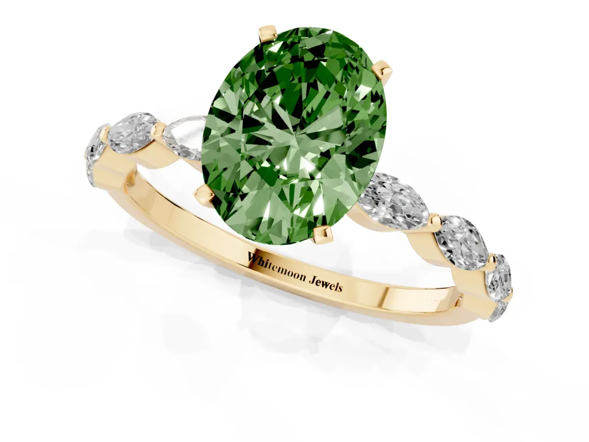 Fancy Green Oval Cut Diamond Ring with Marquise Side Stones and Prong Setting Yellow gold