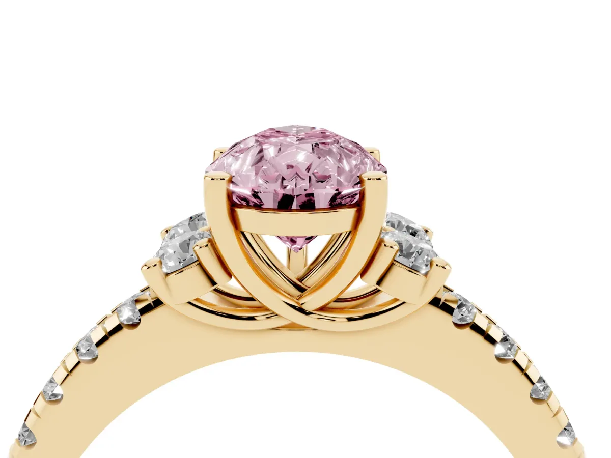 Fancy Pink Pear Cut Diamond Three-Stone Pave Band with Four-Prong Setting Yellow gold