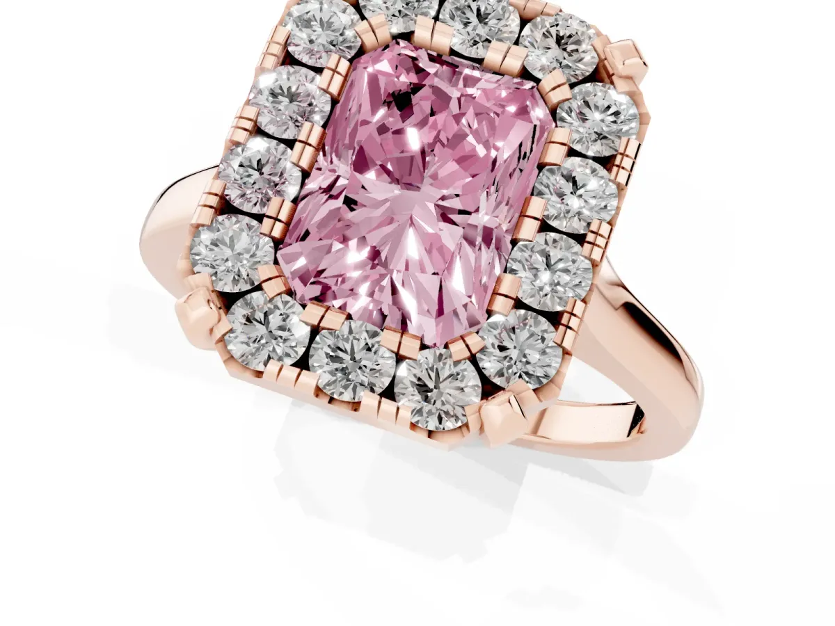 Fancy Pink Radiant Cut Diamond Cluster Halo Solitaire with Four-Prong Setting Rose gold