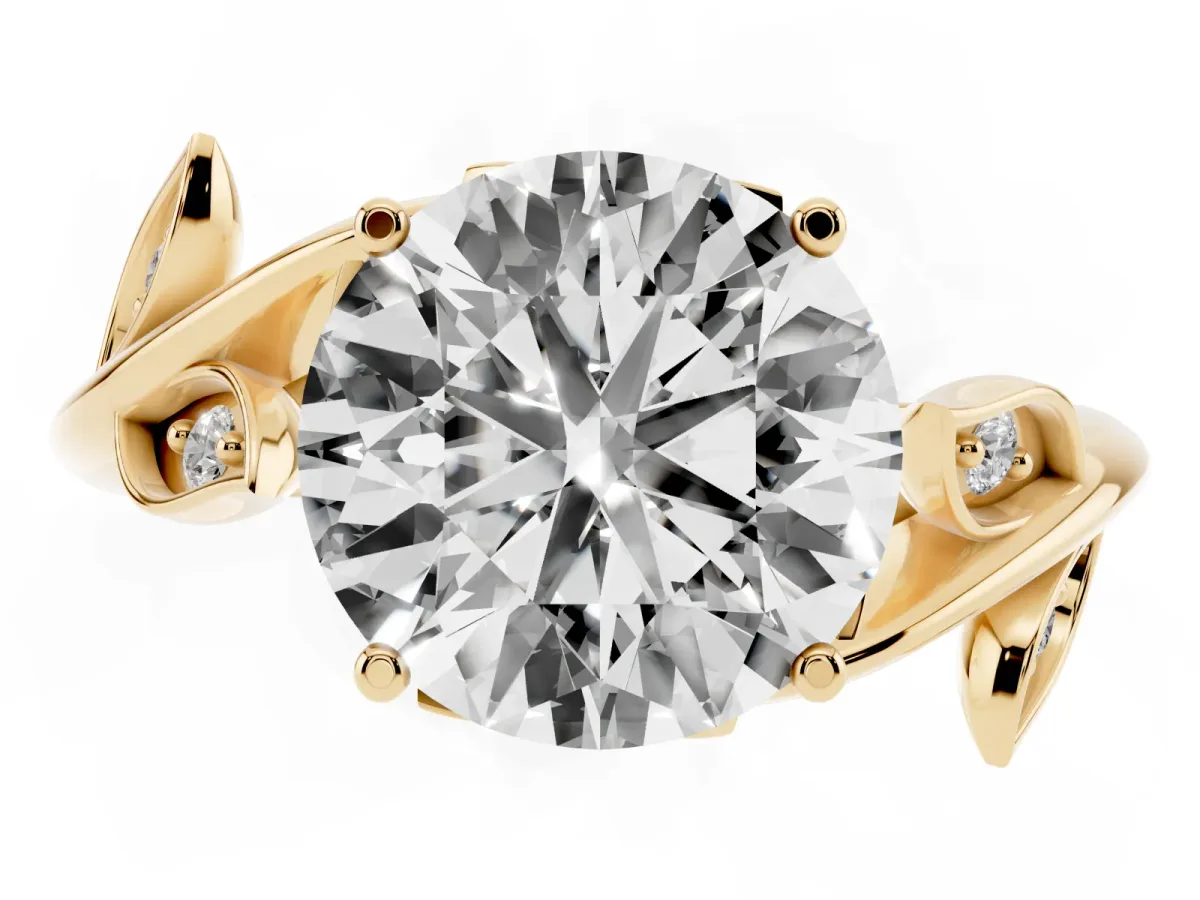 Round Cut Solitaire Twist Engagement Ring with Leaf Accents and Prong Setting Yellow gold