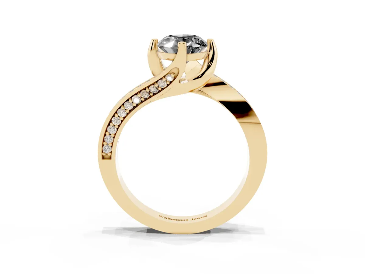 Fancy Black Oval Cut Solitaire Diamond Twist Band with Pavé Setting and Four-Prong Setting Yellow gold