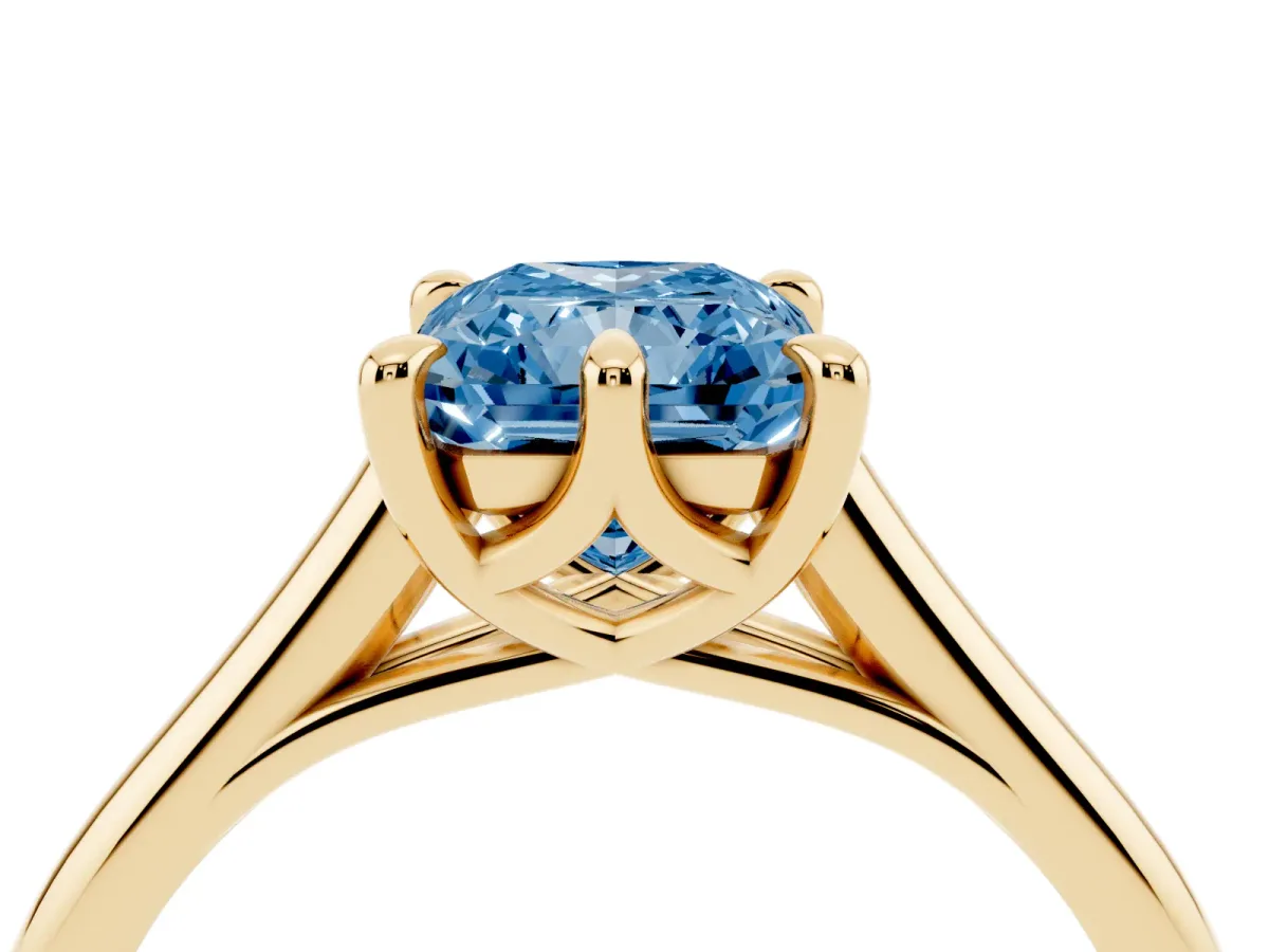 Fancy Blue Radiant Cut Solitaire Engagement Ring with Six-Prong Setting and Classic Band Yellow gold