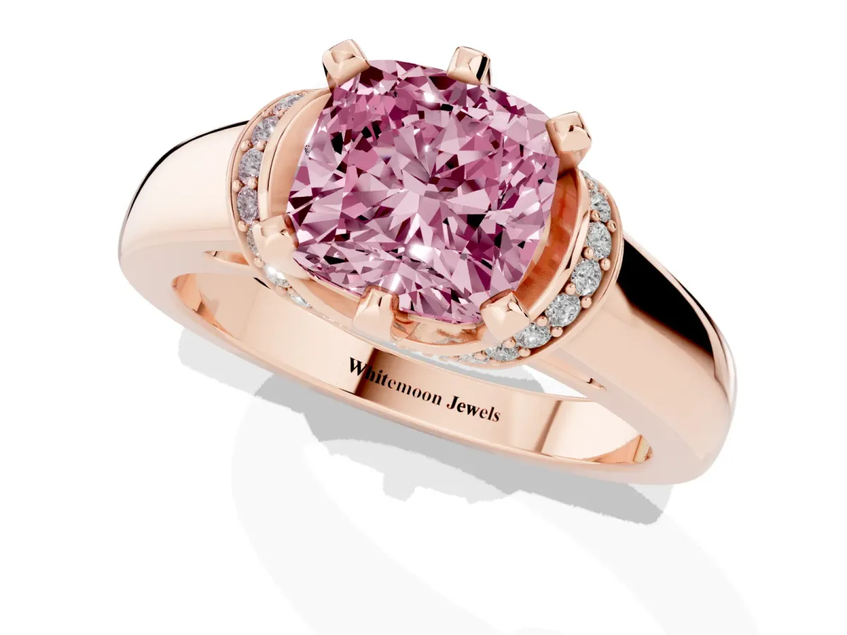 Fancy Pink Cushion Cut Solitaire Diamond Ring with Pave Band and Six-Prong Setting Rose gold
