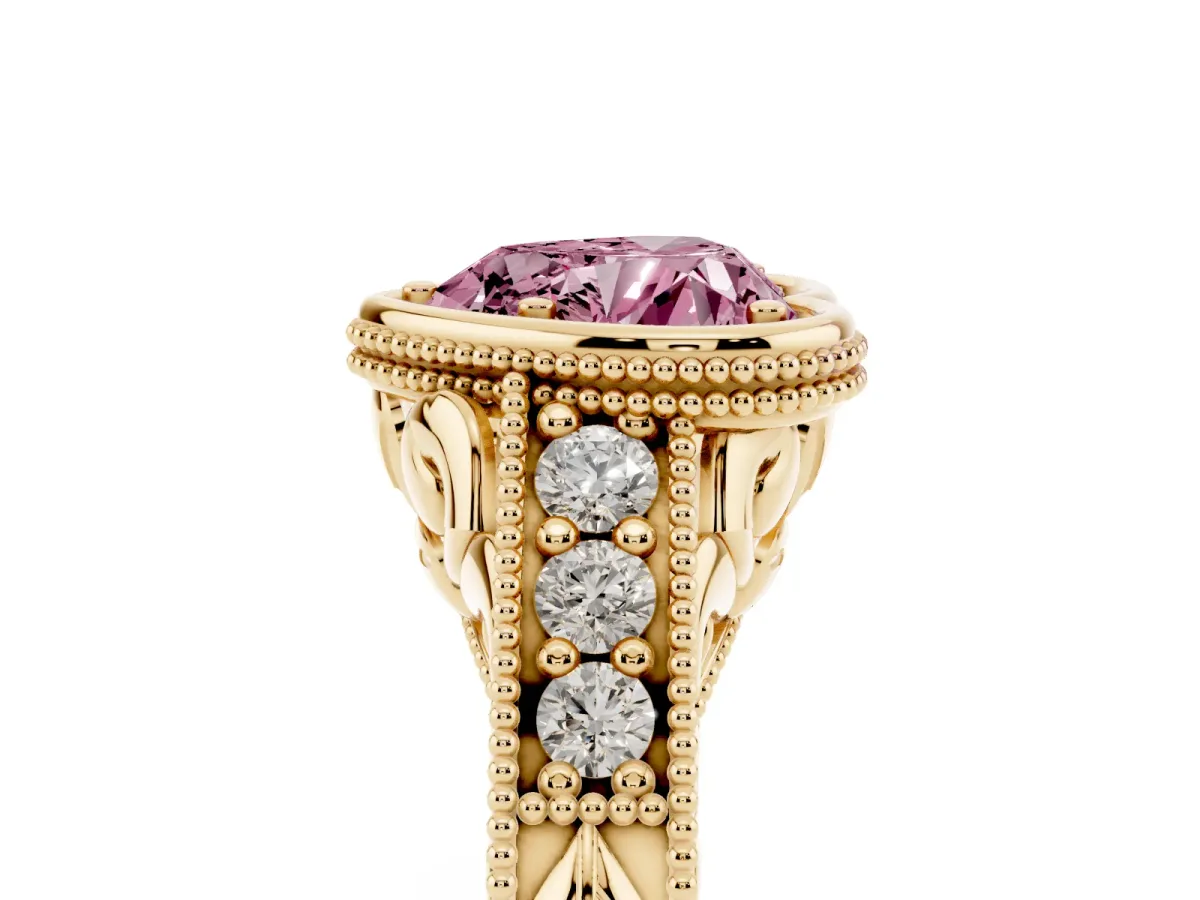 Fancy Pink Bezel Set Heart Cut Diamond Milgrain Pave Engagement Ring Yellow gold