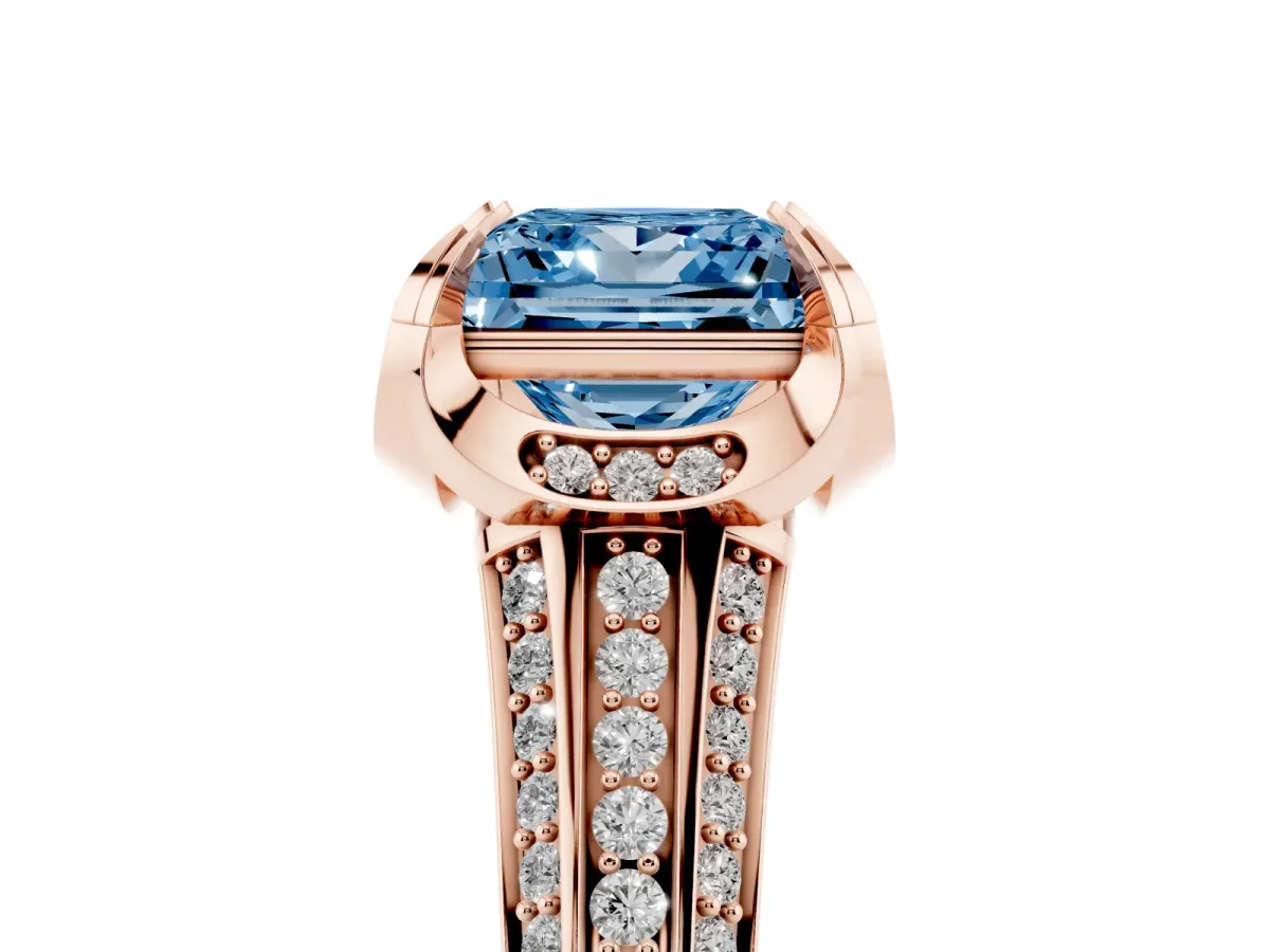 Fancy Blue Princess Cut Solitaire Pave Split Shank Ring with Four-Prong Setting Rose gold