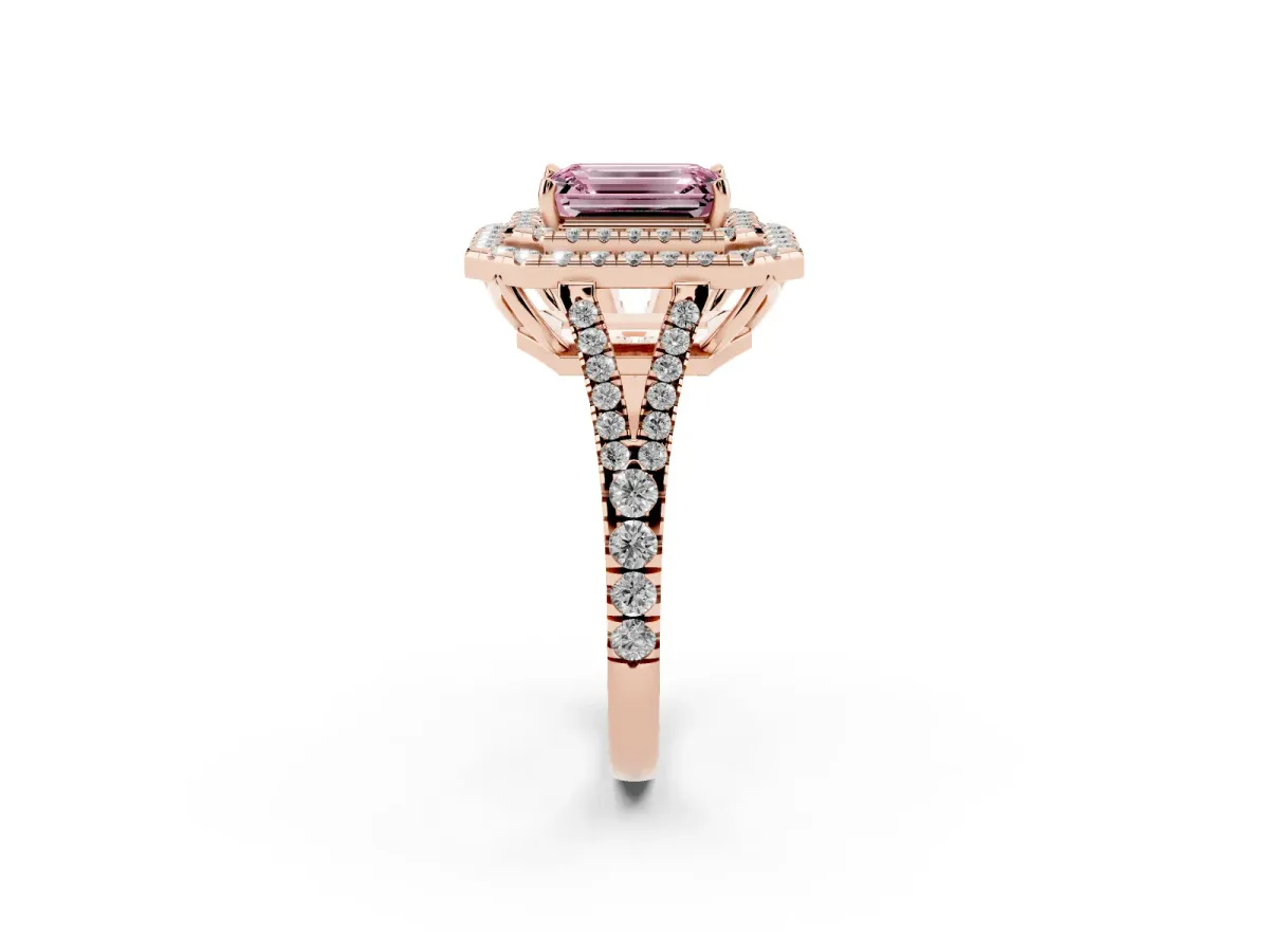 Fancy Pink Emerald Cut Diamond Double Halo Ring with Pavé Band and Prong Setting Rose gold