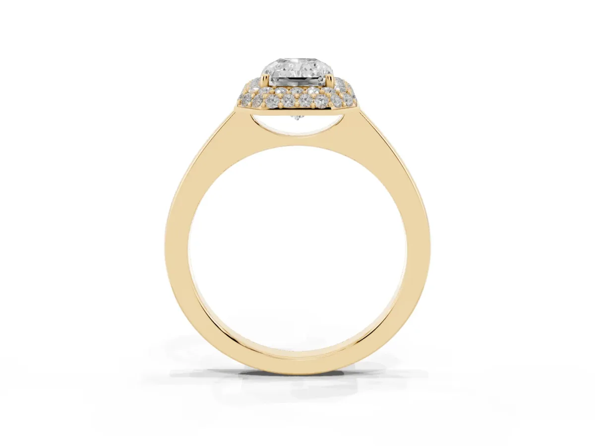 Radiant Cut Halo Diamond Engagement Ring with Solitaire Band and Four-Prong Setting Yellow gold