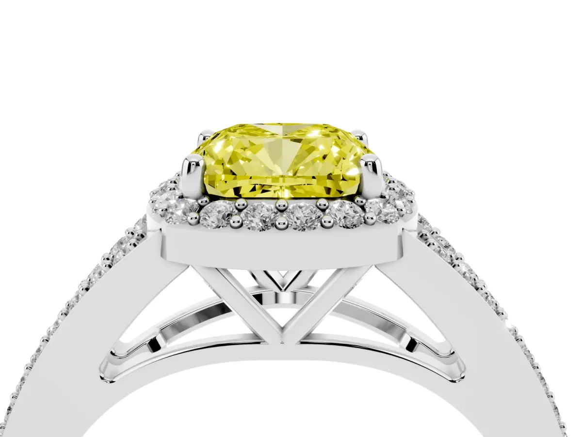 Fancy Yellow Cushion Cut Halo Split Shank Pave Diamond Ring with Four-Prong Setting Silver