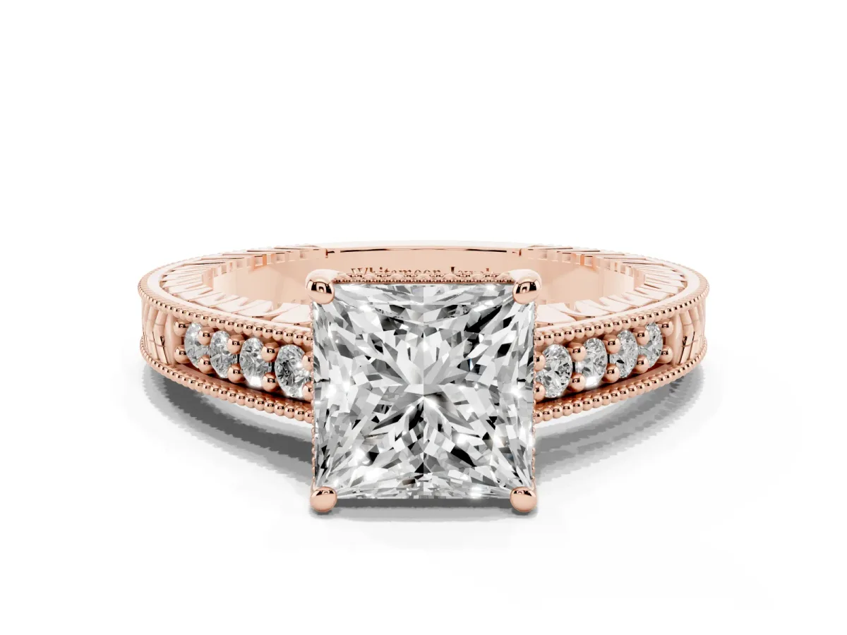 Princess Cut Solitaire Pavé Diamond Milgrain Engagement Ring with Four-Prong Setting Rose gold