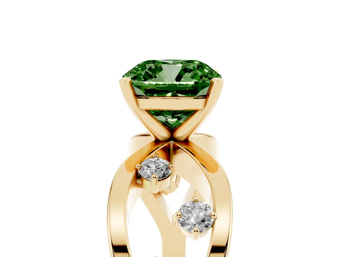 Fancy Green Cushion Cut Cut Solitaire Diamond with Side Stones on Criss-Cross Band and Four-Prong Setting Yellow gold