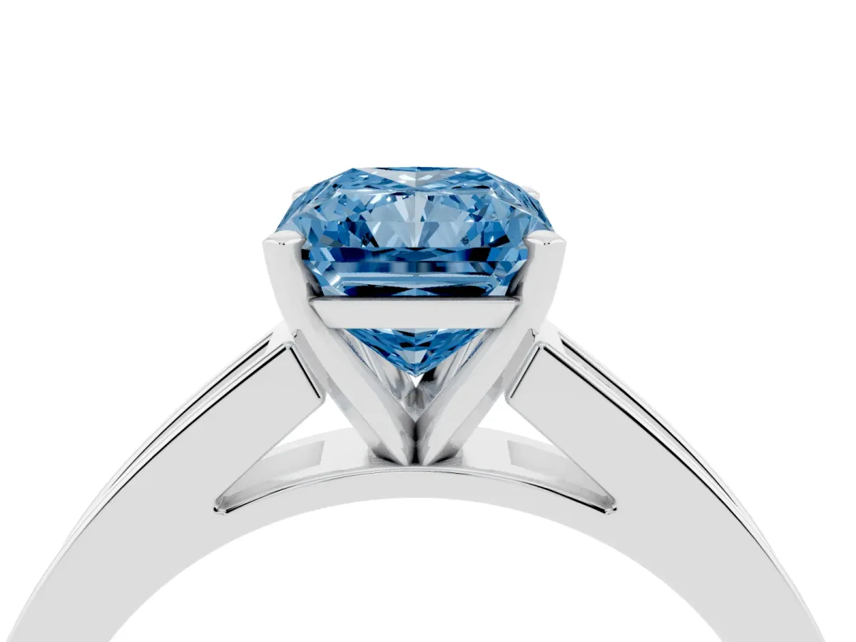 Fancy Blue Radiant Cut Solitaire Diamond Ring with Channel-Set Band and Four-Prong Setting Silver