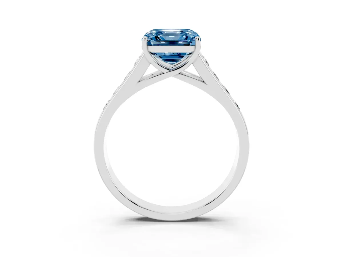 Fancy Blue Asscher Cut Brilliant Channel-Set Solitaire Ring with Four-Prong Setting Silver