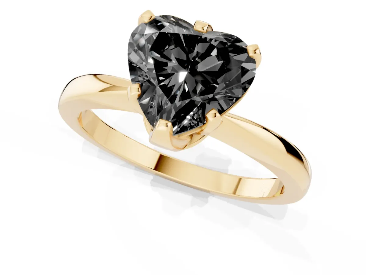 Fancy Black Heart Cut Solitaire Engagement Ring with Six-Prong Setting and Tapered Band Yellow gold
