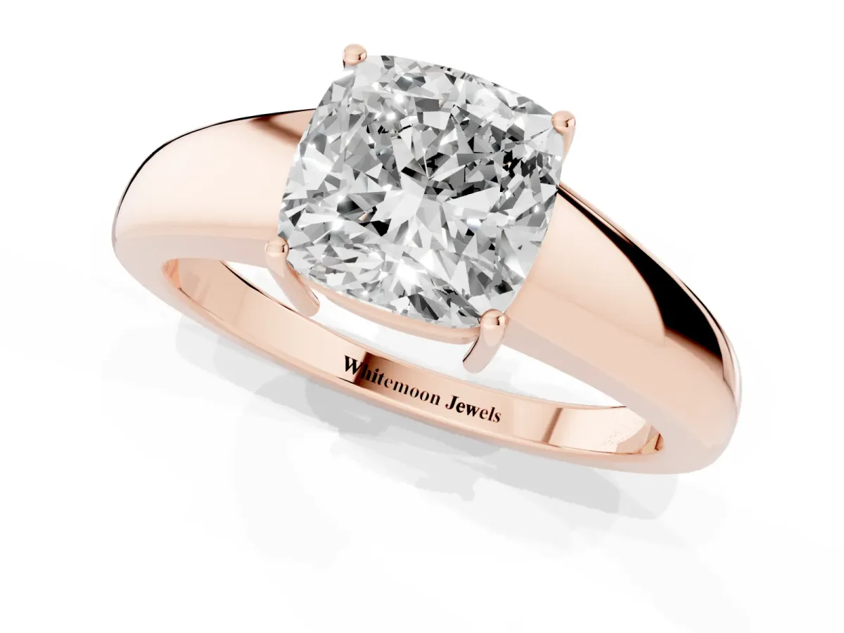 Cushion Cut Solitaire Diamond Ring with Tapered Band and Four-Prong Setting Rose gold