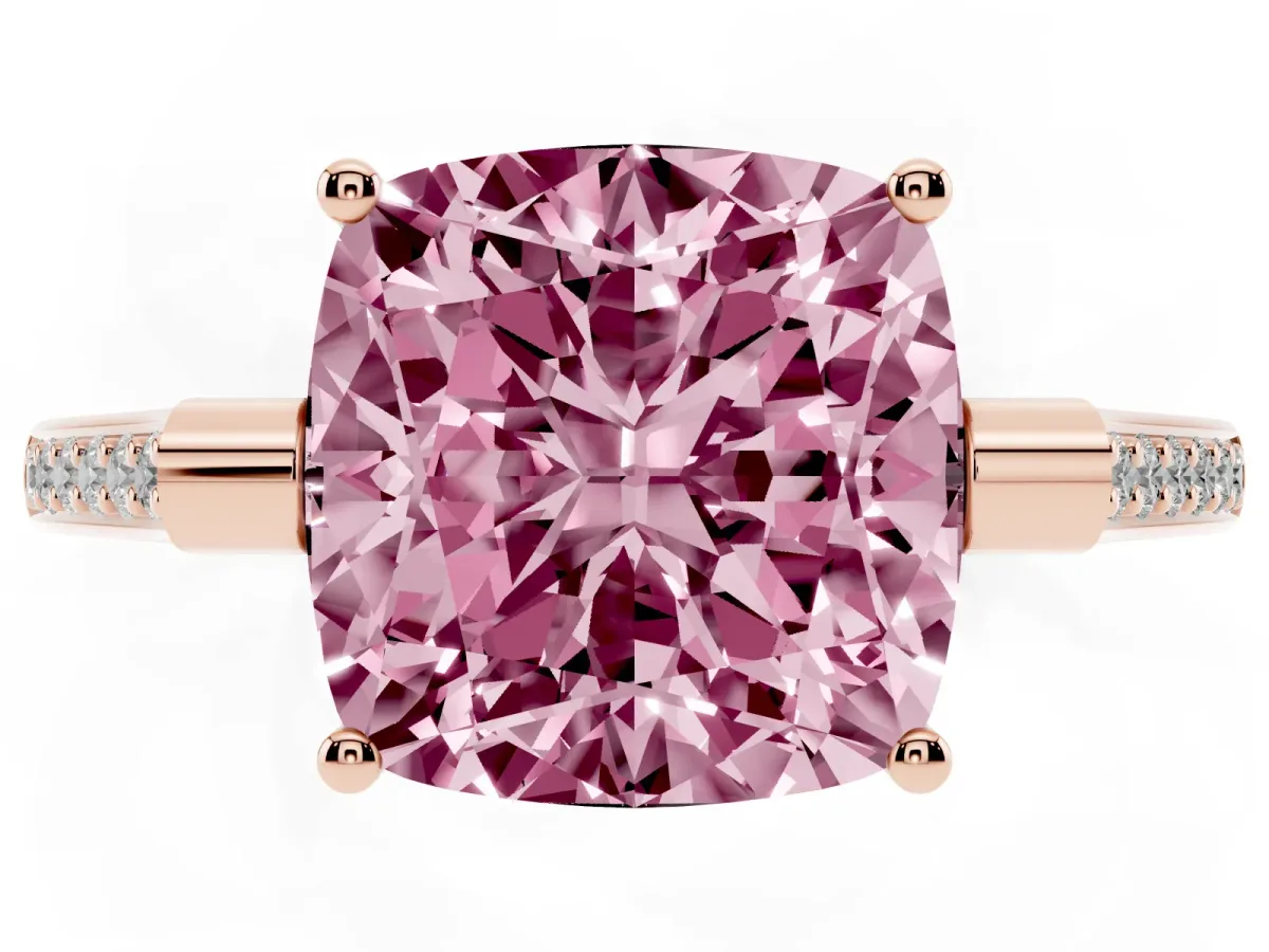 Fancy Pink Cushion Cut Solitaire Diamond Ring with Channel Set Band and Bezel Prong Setting Rose gold