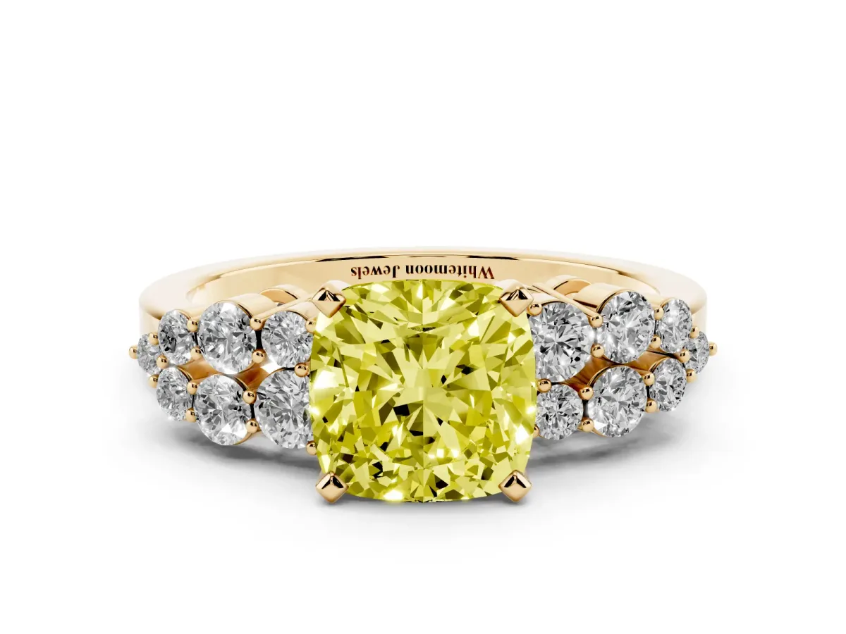 Fancy Yellow Cushion Cut Cluster Diamond Engagement Ring with Pavé Band and Four-Prong Setting Yellow gold