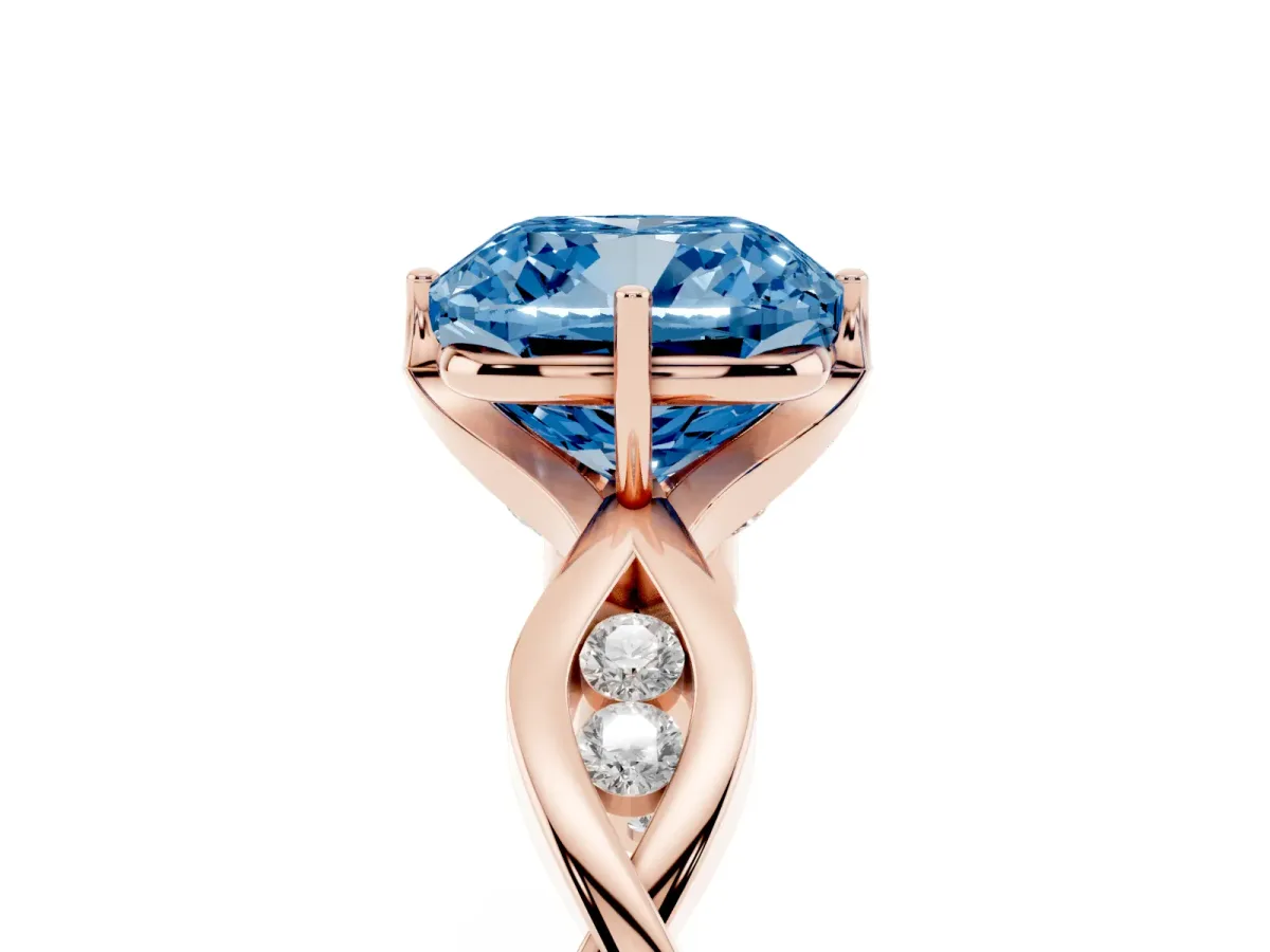 Fancy Blue Cushion Cut Solitaire Twist Band with Leaf Prong Setting Rose gold