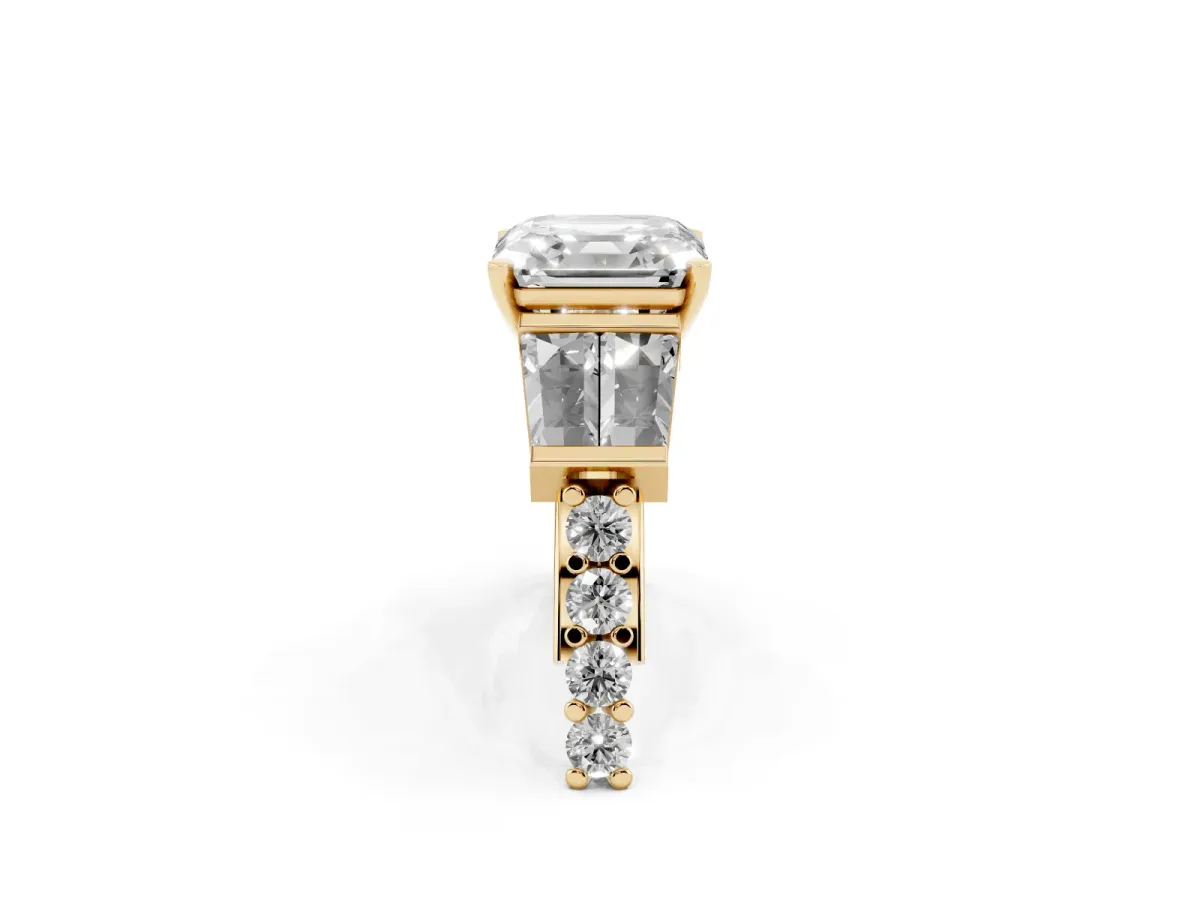 Asscher Cut Diamond Engagement Ring with Baguette Side Stones and Channel Set Band Yellow gold