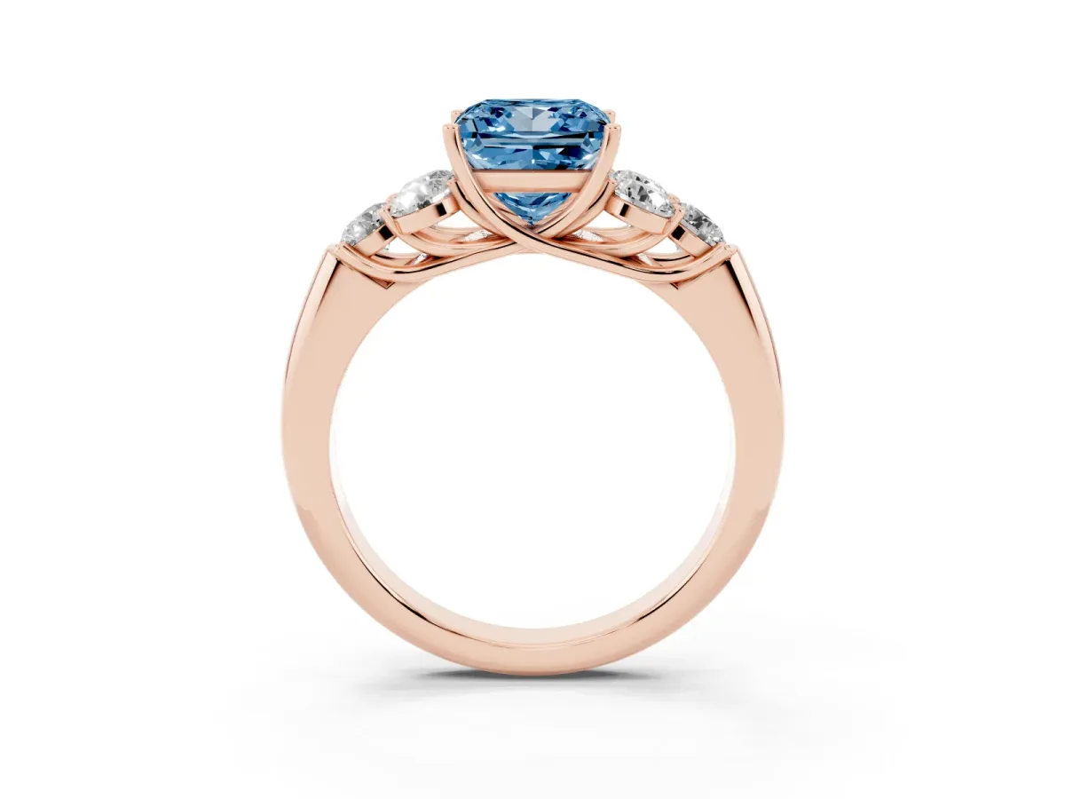 Fancy Blue Princess Cut Cut Diamond Cluster Ring with Round Accent Stones and Prong Setting on a Classic Band Rose gold