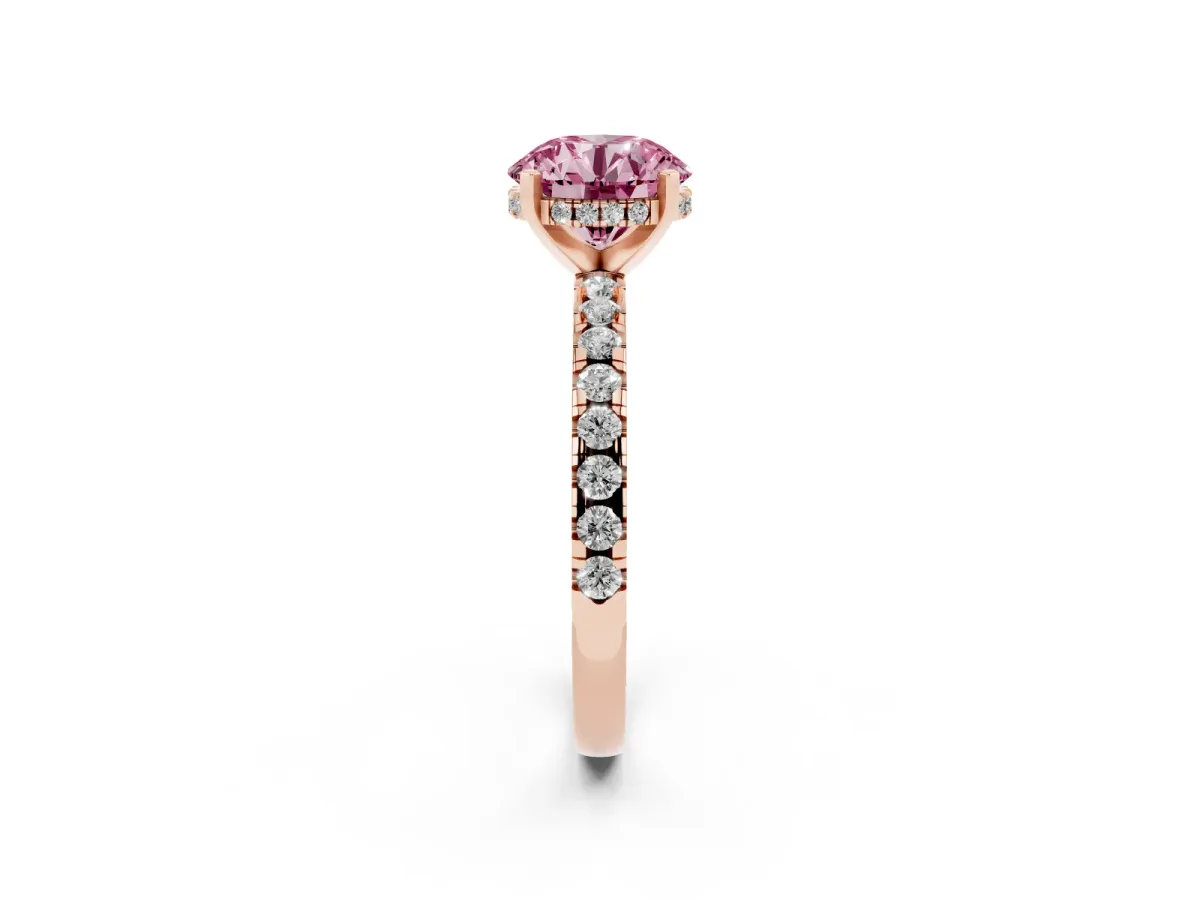 Fancy Pink Round Cut Diamond Solitaire Ring with Round Pavé Band and Four-Prong Setting Rose gold