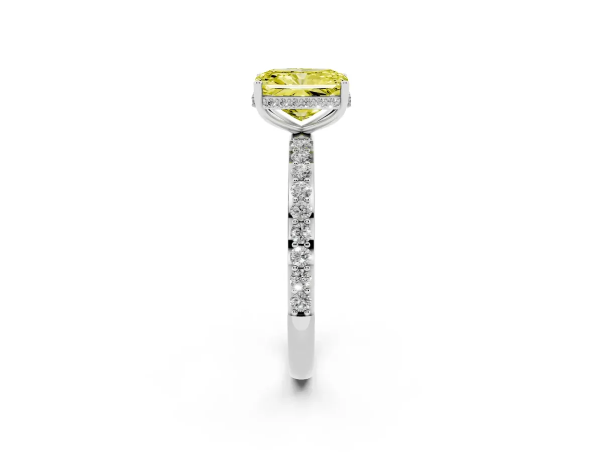 Fancy Yellow Radiant Cut Diamond Solitaire Ring with Pavé Band and Hidden Halo Platinum