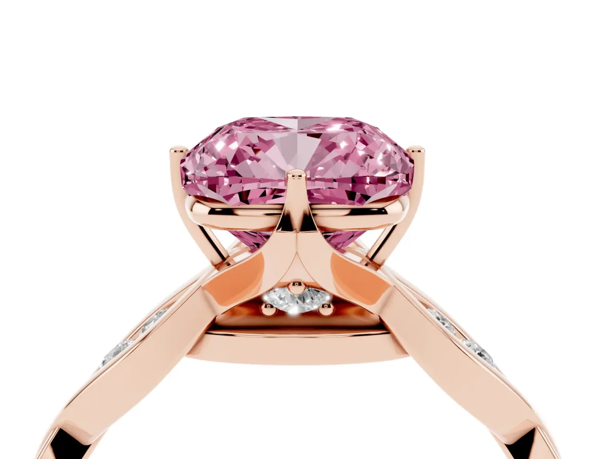 Fancy Pink Cushion Cut Solitaire Twist Band with Leaf Prong Setting Rose gold