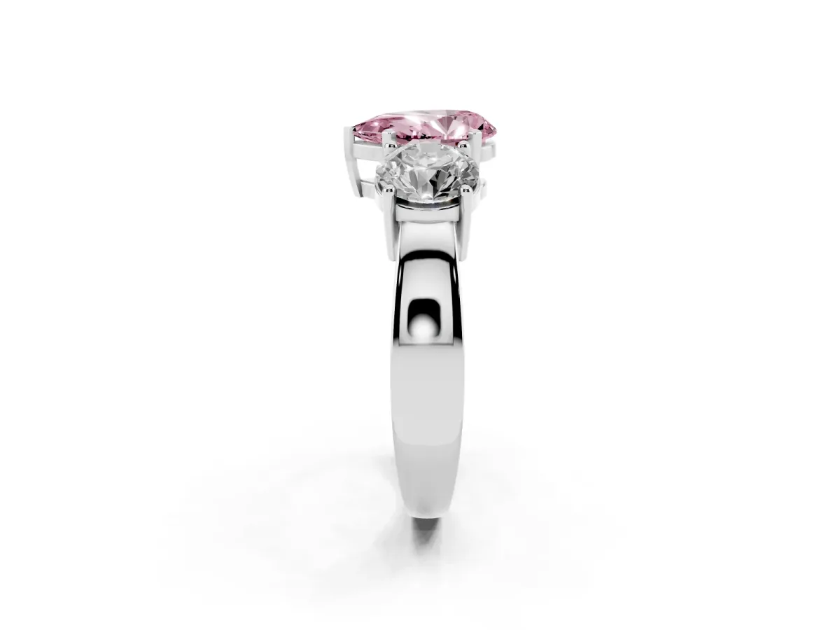 Fancy Pink Three-Stone Pear Cut Diamond Ring with Round Side Stones, Classic Band, and Four-Prong Setting Platinum