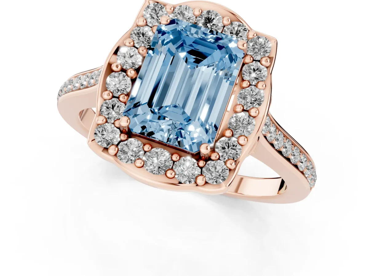 Fancy Blue Emerald Cut Halo Round Diamond Pave Band with Four-Prong Setting Rose gold