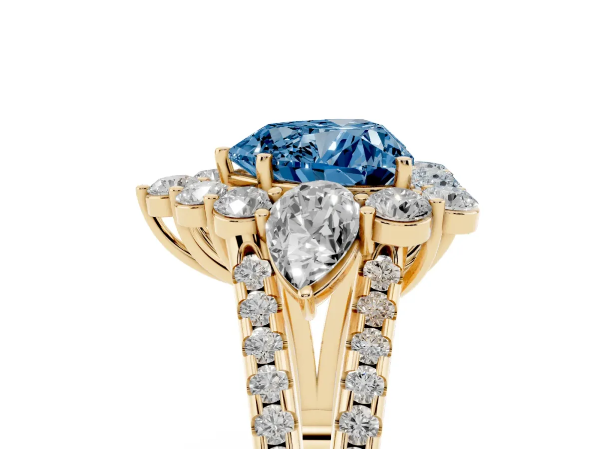 Fancy Blue Heart Cut Halo Split Shank Diamond Engagement Ring with Prong Setting Yellow gold