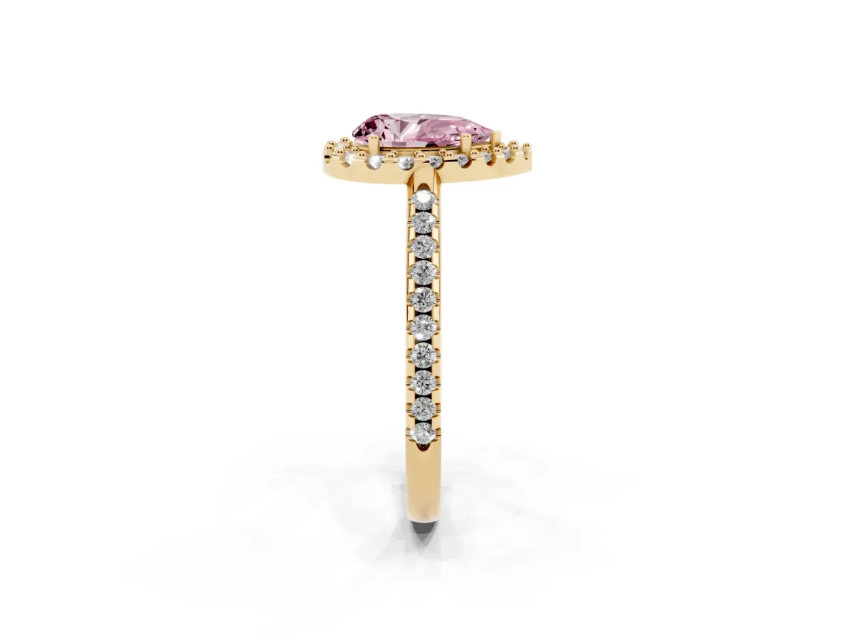 Fancy Pink Pear Cut Diamond Pavé Halo Ring with Four-Prong Setting Yellow gold