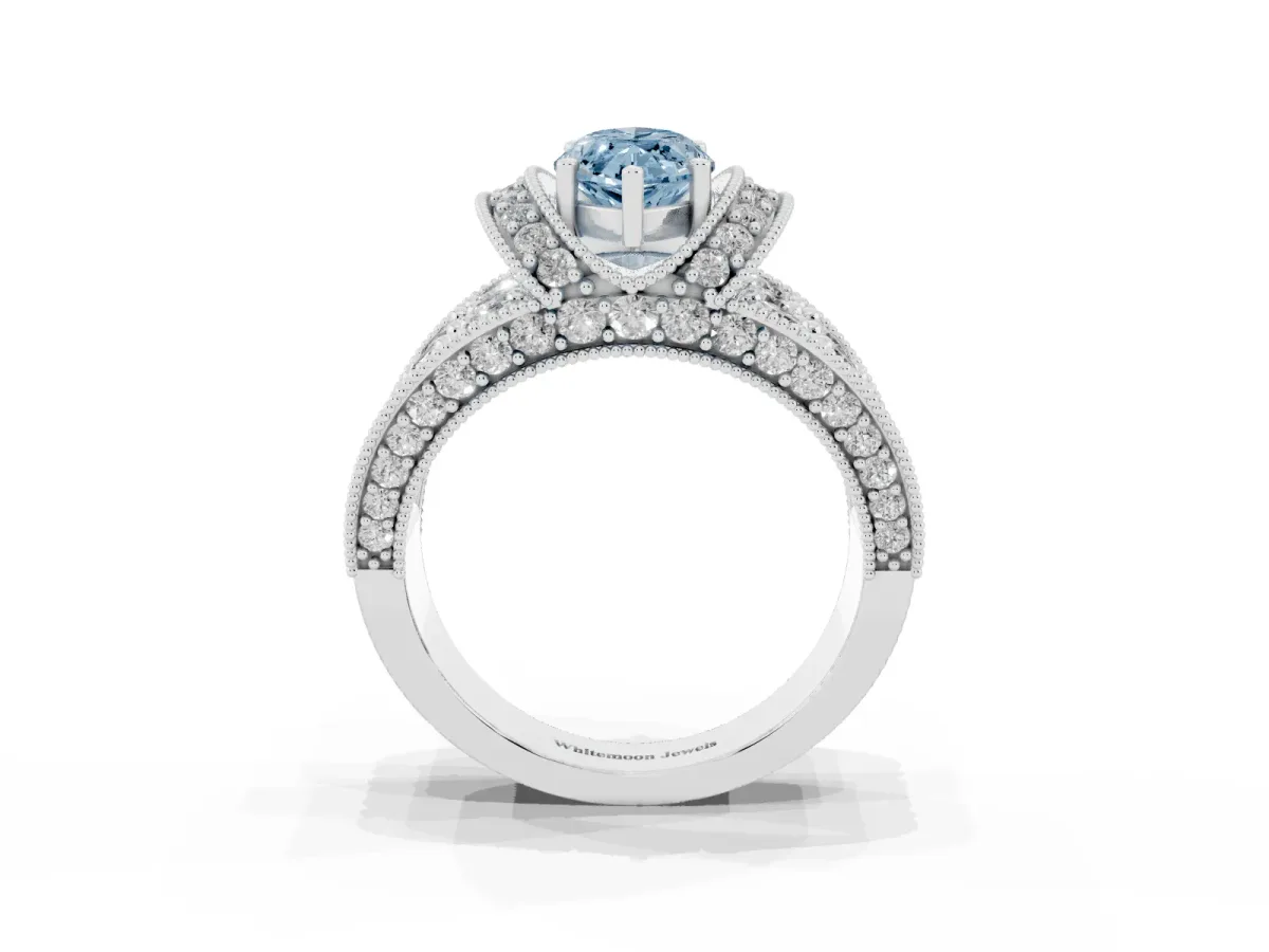 Fancy Blue Marquise Cut Halo Pave Diamond Engagement Ring with Milgrain Detailing White gold